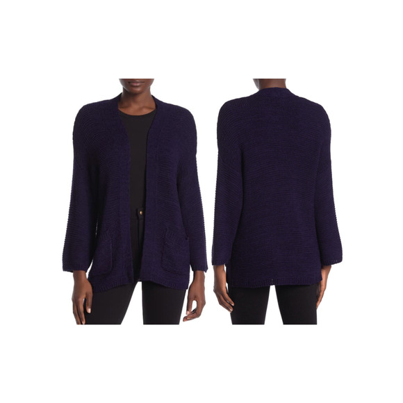 CENY Nordstrom 3/4 Sleeve Open Weave Knit Cardigan Blue L Large - Picture 1 of 8